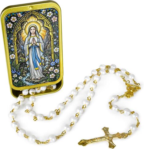 Rosary Beads for Women Catholic, Virgin Mary Rosary with Slide Push Metal Box, Mother Mary Crucifix Necklace, Rosary for First Holy Communion Confirmation & Everyday Praye in Saudi Arabia