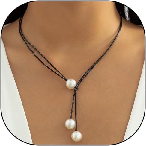 Minimalist Leather Pearl Lariat Necklaces,Vintage Chunky Pearl Black Long Cord Y Necklaces,Aesthetic Valentine's Day Jewelry Accessories for Women in Kuwait