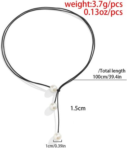 Minimalist Leather Pearl Lariat Necklaces,Vintage Chunky Pearl Black Long Cord Y Necklaces,Aesthetic Valentine's Day Jewelry Accessories for Women in Kuwait