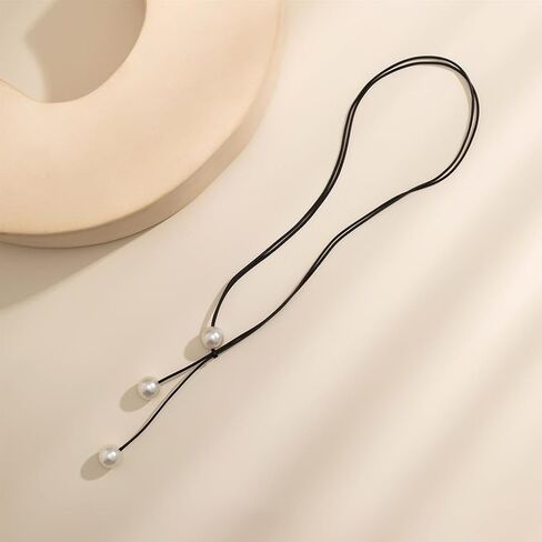 Minimalist Leather Pearl Lariat Necklaces,Vintage Chunky Pearl Black Long Cord Y Necklaces,Aesthetic Valentine's Day Jewelry Accessories for Women in Kuwait