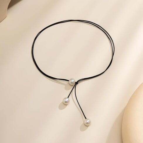 Minimalist Leather Pearl Lariat Necklaces,Vintage Chunky Pearl Black Long Cord Y Necklaces,Aesthetic Valentine's Day Jewelry Accessories for Women in Kuwait