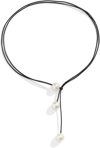 Minimalist Leather Pearl Lariat Necklaces,Vintage Chunky Pearl Black Long Cord Y Necklaces,Aesthetic Valentine's Day Jewelry Accessories for Women in Kuwait