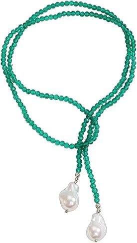 Lariat Necklace for Women | Handmade Green Bead Wrap Necklace with Baroque Pearl Pendant Adjustable Long Sweater Chain Vintage Y2K in Kuwait