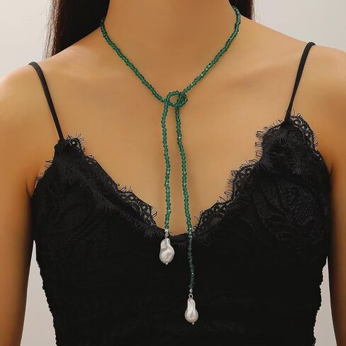 Lariat Necklace for Women | Handmade Green Bead Wrap Necklace with Baroque Pearl Pendant Adjustable Long Sweater Chain Vintage Y2K in Kuwait