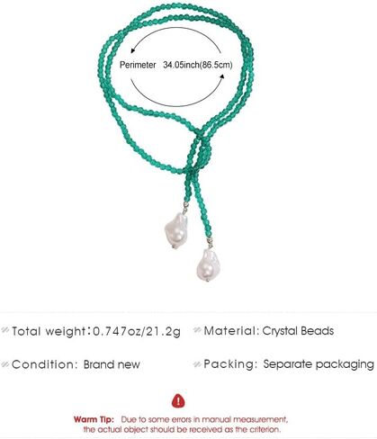 Lariat Necklace for Women | Handmade Green Bead Wrap Necklace with Baroque Pearl Pendant Adjustable Long Sweater Chain Vintage Y2K in Kuwait