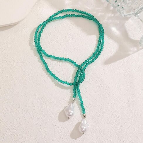 Lariat Necklace for Women | Handmade Green Bead Wrap Necklace with Baroque Pearl Pendant Adjustable Long Sweater Chain Vintage Y2K in Kuwait