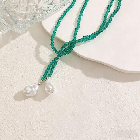 Lariat Necklace for Women | Handmade Green Bead Wrap Necklace with Baroque Pearl Pendant Adjustable Long Sweater Chain Vintage Y2K in Kuwait