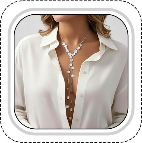 Silver Long Disc Choker Necklace for Women, Trendy Statement Y Shaped Drop Jewelry with Thick Round Coin Beads, Boho Collar Tassel Accessory, Elegant Party Wedding Birthday Present in Saudi Arabia