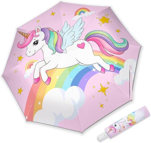 Kids Folding Umbrella Auto Open & Close, UV Resistant, Anti-Rebound Safe Design, 8-Rib Reinforced Canopy, 360° Reflective Strip, Lightweight Travel Umbrella for Girls and Boys in Saudi Arabia
