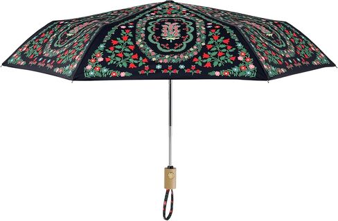 RIFLE PAPER CO. Rosette Floral Pattern Umbrella, Includes Matching Storage Sleeve, Portable 11" Fold Up Size, Auto Open and Close, Wooden Handle, Printed in Full Color in Kuwait