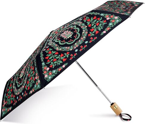 RIFLE PAPER CO. Rosette Floral Pattern Umbrella, Includes Matching Storage Sleeve, Portable 11" Fold Up Size, Auto Open and Close, Wooden Handle, Printed in Full Color in Kuwait