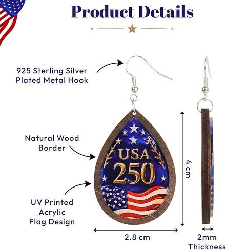 Handmade 250th Anniversary USA Dangle Earrings for Women, 4th of July Earrings, Patriotic American Flag Earring, Fourth of July Independence Day Jewelry Gifts for Women, 250 Anniversary USA Merchandise in Kuwait