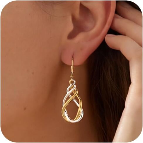 Two Tone Twisted Drop Earrings for Women, 14K Gold and Silver Plated Leverback Dangle Earrings, Hypoallergenic Mixed Metal Teardrop Earring Trendy for Women Jewelry Gifts in Kuwait