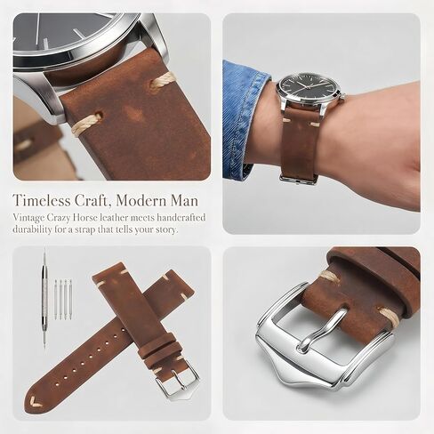EACHE Vintage Leather Watch Bands Crazy Horse/Oil Wax Vintage Watch Strap | Top grain leather, hand-finished stitching, coated edges, polished buckle, vintage style for casual and business wear in Saudi Arabia