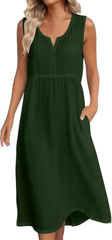 Cotton Summer Dresses for Women 2026 Linen V Neck Casual Loose Fit Dress Sleeveless Comfortable Tank Dresses in Saudi Arabia