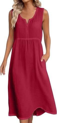 Cotton Summer Dresses for Women 2026 Linen V Neck Casual Loose Fit Dress Sleeveless Comfortable Tank Dresses in Saudi Arabia