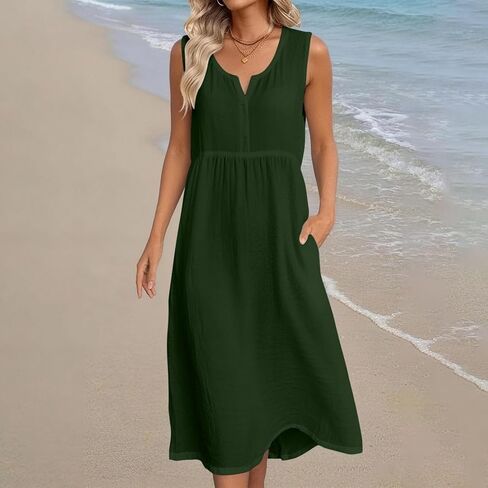 Cotton Summer Dresses for Women 2026 Linen V Neck Casual Loose Fit Dress Sleeveless Comfortable Tank Dresses in Saudi Arabia