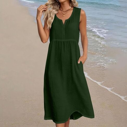 Cotton Summer Dresses for Women 2026 Linen V Neck Casual Loose Fit Dress Sleeveless Comfortable Tank Dresses in Saudi Arabia