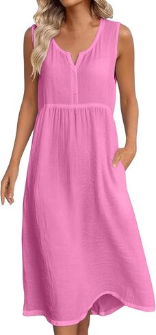 Cotton Summer Dresses for Women 2026 Linen V Neck Casual Loose Fit Dress Sleeveless Comfortable Tank Dresses in Saudi Arabia