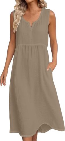 Cotton Summer Dresses for Women 2026 Linen V Neck Casual Loose Fit Dress Sleeveless Comfortable Tank Dresses in Saudi Arabia