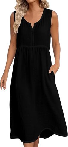 Cotton Summer Dresses for Women 2026 Linen V Neck Casual Loose Fit Dress Sleeveless Comfortable Tank Dresses in Saudi Arabia