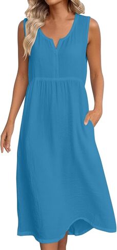 Cotton Summer Dresses for Women 2026 Linen V Neck Casual Loose Fit Dress Sleeveless Comfortable Tank Dresses in Saudi Arabia