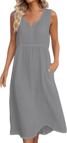 Cotton Summer Dresses for Women 2026 Linen V Neck Casual Loose Fit Dress Sleeveless Comfortable Tank Dresses in Saudi Arabia