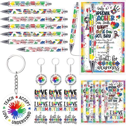 12 Sets Special Education Teacher Appreciation Gift Autism Awareness Keychains Inspirational Pens with Thank You Cards Autism Teacher Gifts for Coworker ABA Therapist in Kuwait