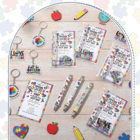 12 Sets Special Education Teacher Appreciation Gift Autism Awareness Keychains Inspirational Pens with Thank You Cards Autism Teacher Gifts for Coworker ABA Therapist in Kuwait