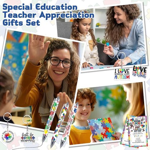 12 Sets Special Education Teacher Appreciation Gift Autism Awareness Keychains Inspirational Pens with Thank You Cards Autism Teacher Gifts for Coworker ABA Therapist in Kuwait