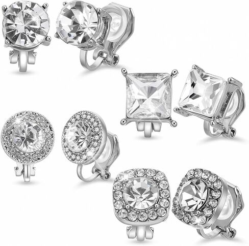 4 Pairs Clip on Earring Non Pierced Earrings Fake Earring Cubic Zirconia Square Twist Knot Jewelry Set for Women Wedding Dance Gift in Kuwait