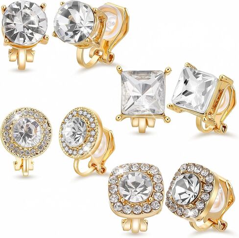 4 Pairs Clip on Earring Non Pierced Earrings Fake Earring Cubic Zirconia Square Twist Knot Jewelry Set for Women Wedding Dance Gift in Kuwait