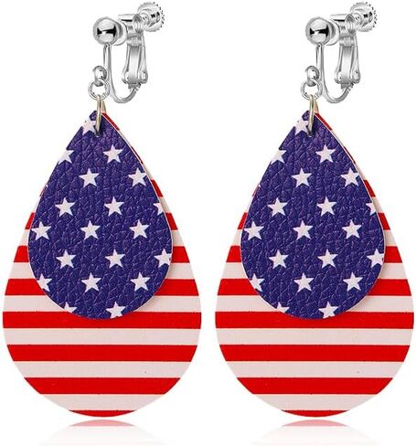 coadipress American Flag Clip On Earrings for Women, Patriotic Teardrop Layered Faux Leather Dangle Earrings, 4th of July Independence Day Jewelry for Non Pierced Ears in Kuwait