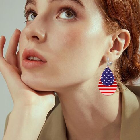 coadipress American Flag Clip On Earrings for Women, Patriotic Teardrop Layered Faux Leather Dangle Earrings, 4th of July Independence Day Jewelry for Non Pierced Ears in Kuwait