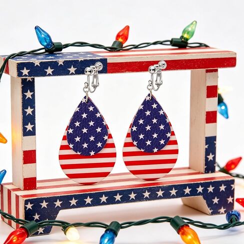 coadipress American Flag Clip On Earrings for Women, Patriotic Teardrop Layered Faux Leather Dangle Earrings, 4th of July Independence Day Jewelry for Non Pierced Ears in Kuwait