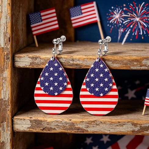 coadipress American Flag Clip On Earrings for Women, Patriotic Teardrop Layered Faux Leather Dangle Earrings, 4th of July Independence Day Jewelry for Non Pierced Ears in Kuwait