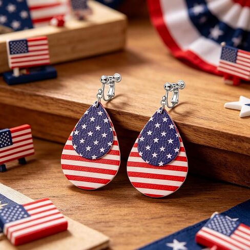 coadipress American Flag Clip On Earrings for Women, Patriotic Teardrop Layered Faux Leather Dangle Earrings, 4th of July Independence Day Jewelry for Non Pierced Ears in Kuwait