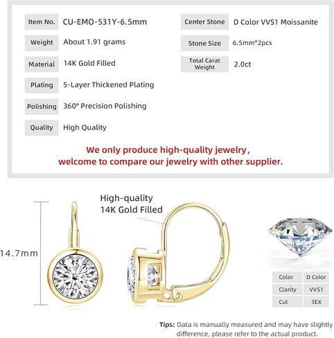Moissanite Leverback Hoop Earrings for Women, 14K Gold Plated Bezel Set Imitation Diamond Drop Earrings in Saudi Arabia