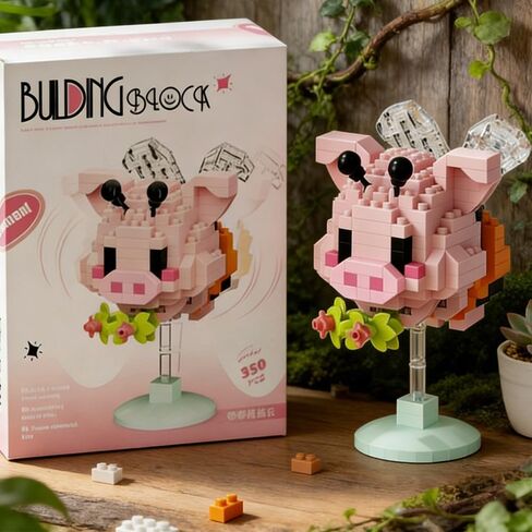 Pink Pig Rocking Hand-Assembled Figurine with Stand, Cute Farm Animal Desk Decor, Playful Theme Collectible Statue for Home Office Shelf in Kuwait