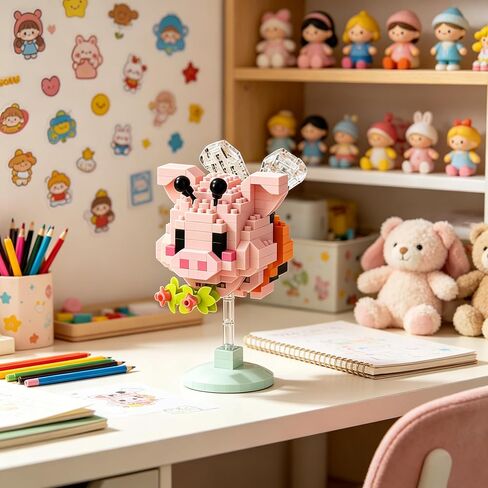 Pink Pig Rocking Hand-Assembled Figurine with Stand, Cute Farm Animal Desk Decor, Playful Theme Collectible Statue for Home Office Shelf in Kuwait