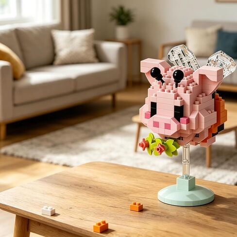 Pink Pig Rocking Hand-Assembled Figurine with Stand, Cute Farm Animal Desk Decor, Playful Theme Collectible Statue for Home Office Shelf in Kuwait