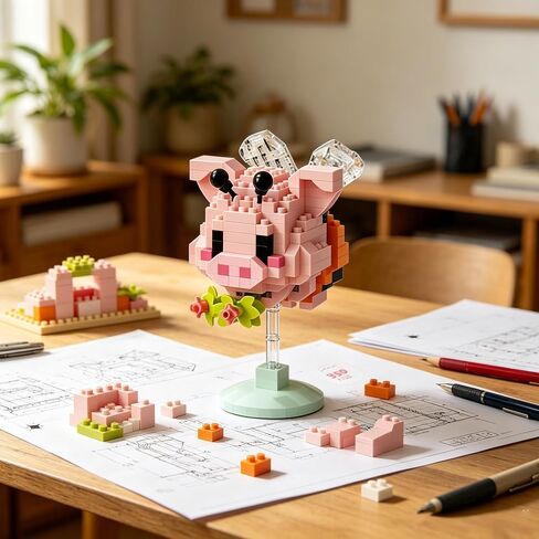 Pink Pig Rocking Hand-Assembled Figurine with Stand, Cute Farm Animal Desk Decor, Playful Theme Collectible Statue for Home Office Shelf in Kuwait