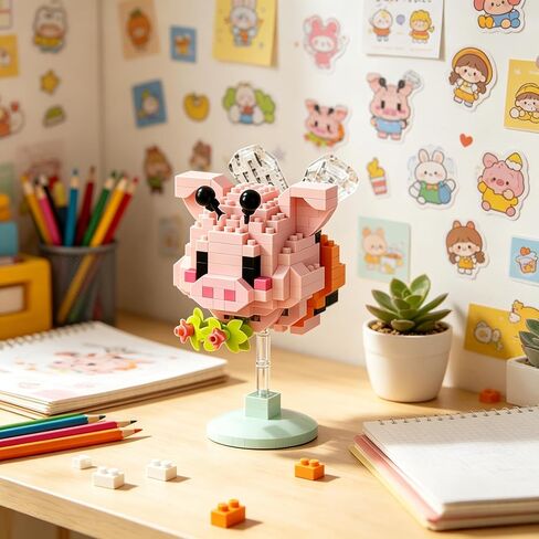 Pink Pig Rocking Hand-Assembled Figurine with Stand, Cute Farm Animal Desk Decor, Playful Theme Collectible Statue for Home Office Shelf in Kuwait