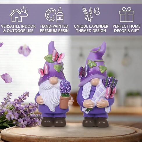 MEETYAMOR Lavender Gnomes Figurines, Set of 2 Purple Resin Gnomes with Butterfly Lavender for Spring Decor, Summer Gnome Garden Decor for Home Indoor Outdoor Table Mantle Decorations in Saudi Arabia