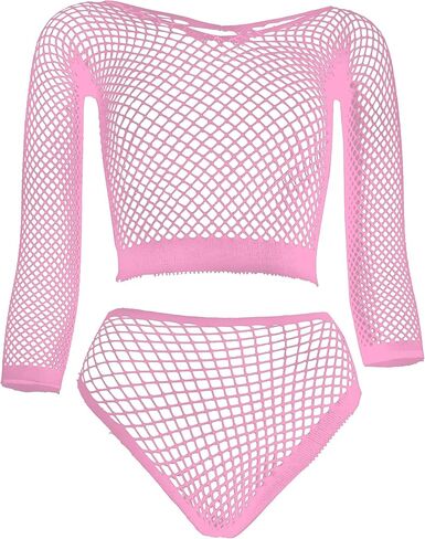 LemonGirl Women Sexy Lingerie Set Rave Outfits Fishnet Long Sleeve Crop Top Sheer One Size US 2-18 in Kuwait