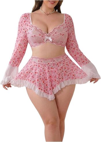SOLY HUX Women's Plus Size Lace Lingerie Sheer Long Sleeve Crop Top and Thongs Mini Skirts Valentines Boudoir Outfits in Saudi Arabia