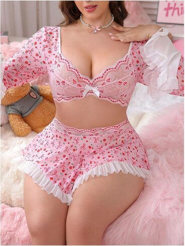 SOLY HUX Women's Plus Size Lace Lingerie Sheer Long Sleeve Crop Top and Thongs Mini Skirts Valentines Boudoir Outfits in Saudi Arabia