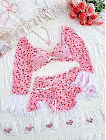 SOLY HUX Women's Plus Size Lace Lingerie Sheer Long Sleeve Crop Top and Thongs Mini Skirts Valentines Boudoir Outfits in Saudi Arabia
