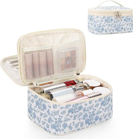 Relavel Travel Makeup Bag, Small Floral Cosmetic Bag with Makeup Brush Compartment, Portable Makeup Pouch for Women, Double Layer Makeup Organizer Bag Cute Toiletry Bag in Saudi Arabia