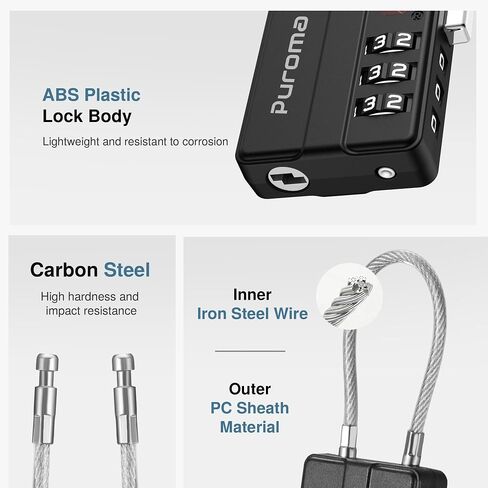 Puroma TSA Locks for Luggage, 4 Pack Cable Lightweight Luggage Locks TSA Approved 4-Digit Combination Padlock for Suitcases, Bags, Toolboxes, Backpacks & Gym Lockers (Black) in Kuwait